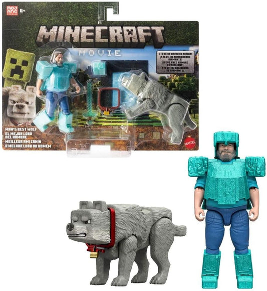 Mattel Minecraft 4-inch Steve in Diamond Armor with Man's Best Wolf Dennis
