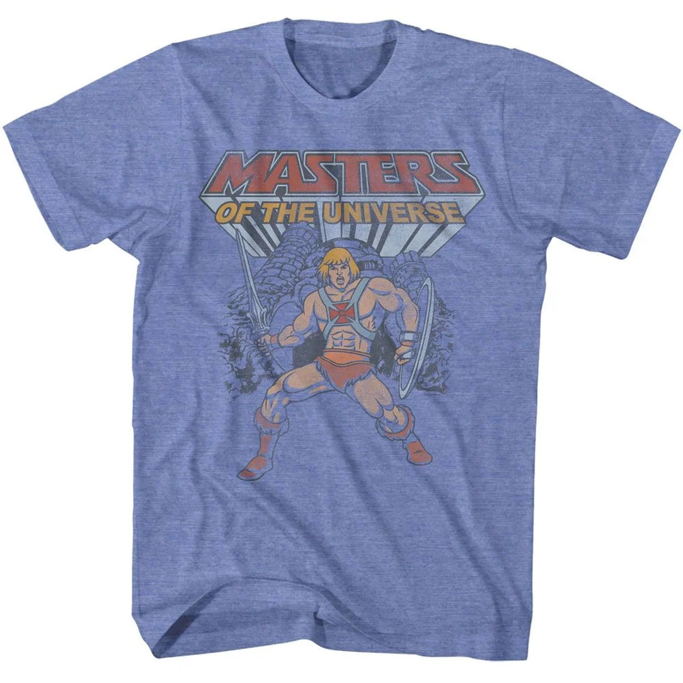 Masters of the Universe He Man and Grayskull Heather Blue T-Shirt