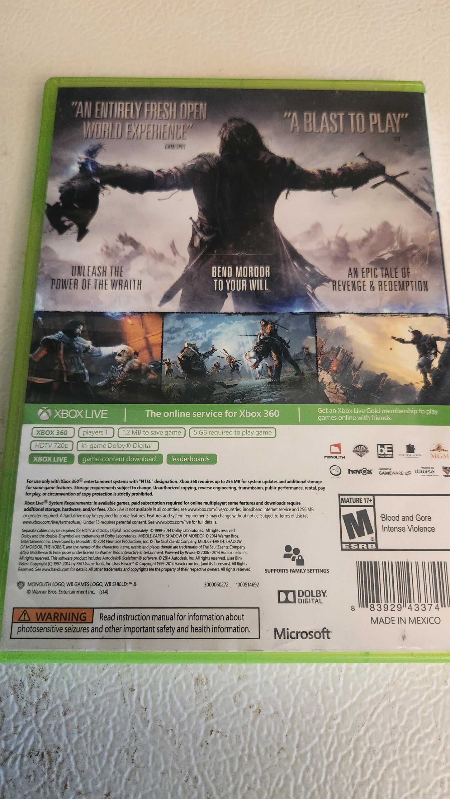 Middle Earth: Shadow of Mordor (Xbox 360) No Manual