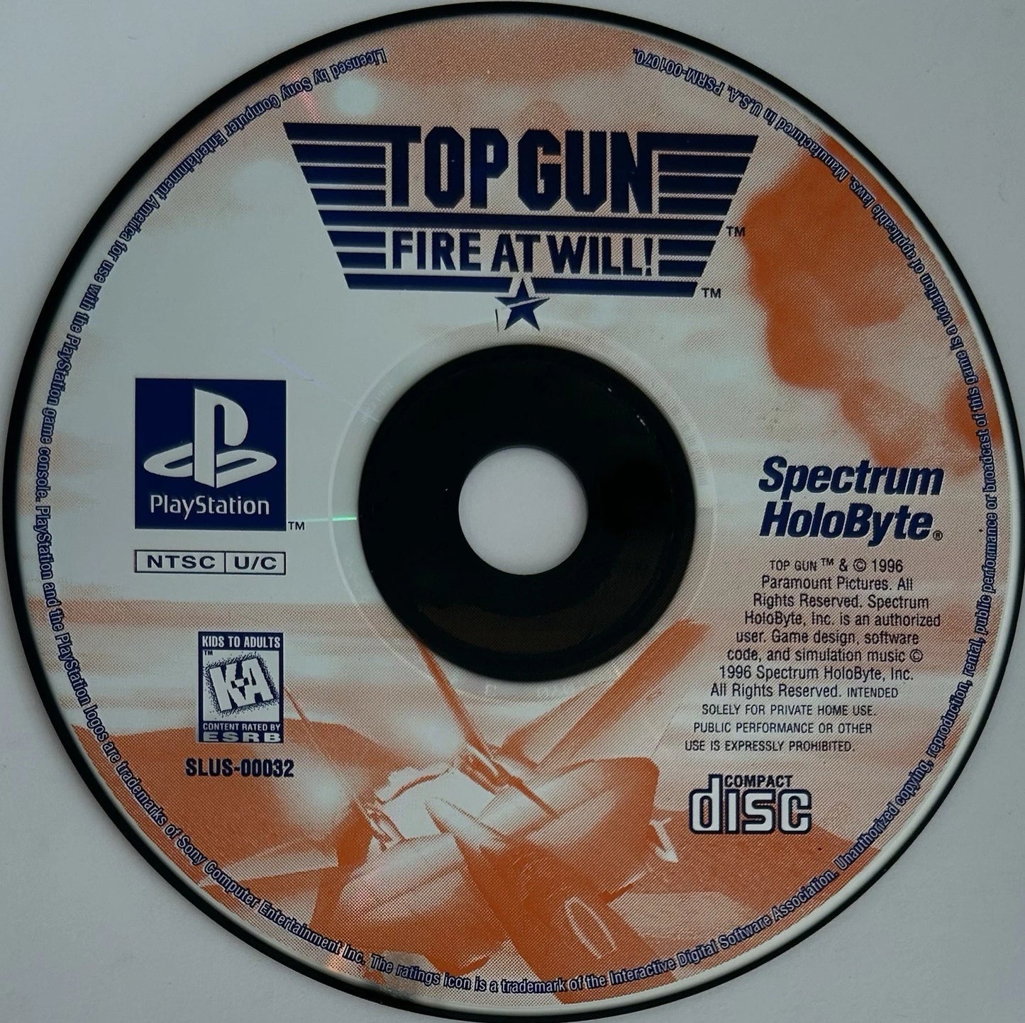 Top Gun Fire at Will PS1 DISC ONLY